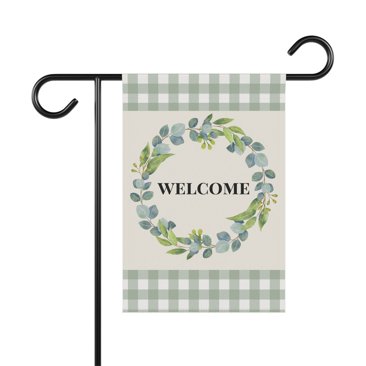 Welcome Wreath Garden Flag — Green Gingham Outdoor Welcome Banner
