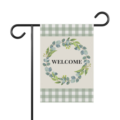 Welcome Wreath Garden Flag — Green Gingham Outdoor Welcome Banner