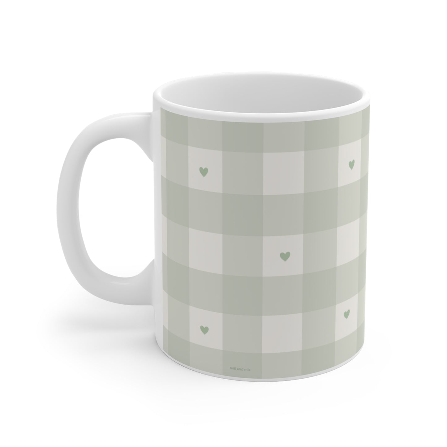 Plaid Mug with Tiny Hearts — Sage Green 11oz Coffee Cup