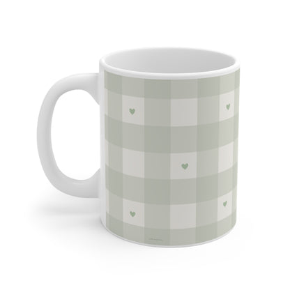 Plaid Mug with Tiny Hearts — Sage Green 11oz Coffee Cup