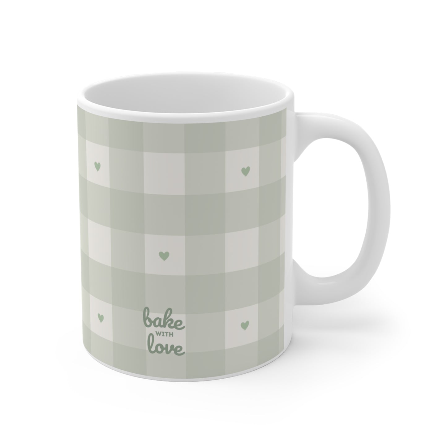 Plaid Mug with Tiny Hearts — Sage Green 11oz Coffee Cup