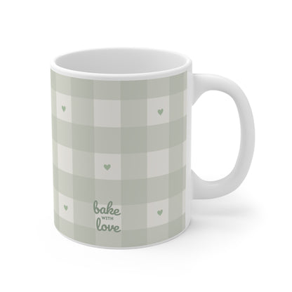 Plaid Mug with Tiny Hearts — Sage Green 11oz Coffee Cup