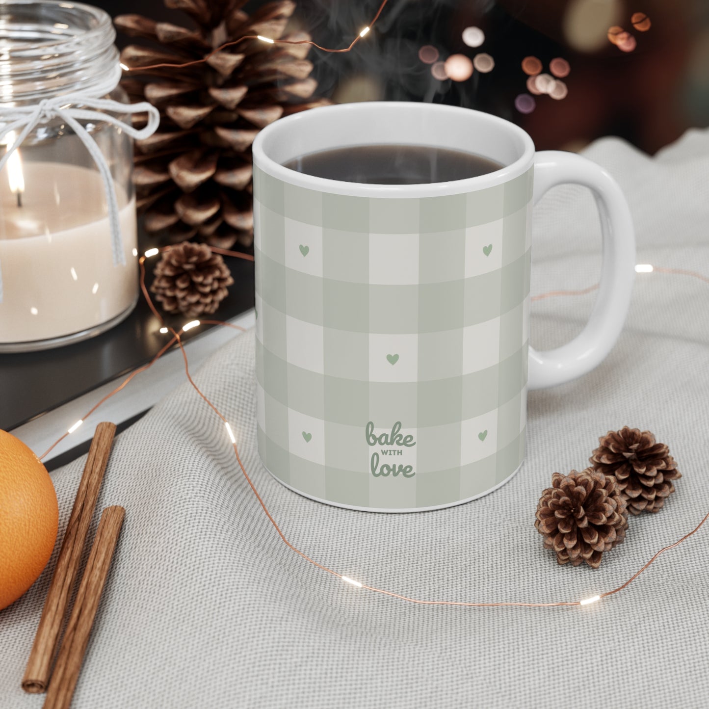 Plaid Mug with Tiny Hearts — Sage Green 11oz Coffee Cup