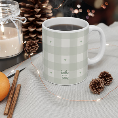 Plaid Mug with Tiny Hearts — Sage Green 11oz Coffee Cup