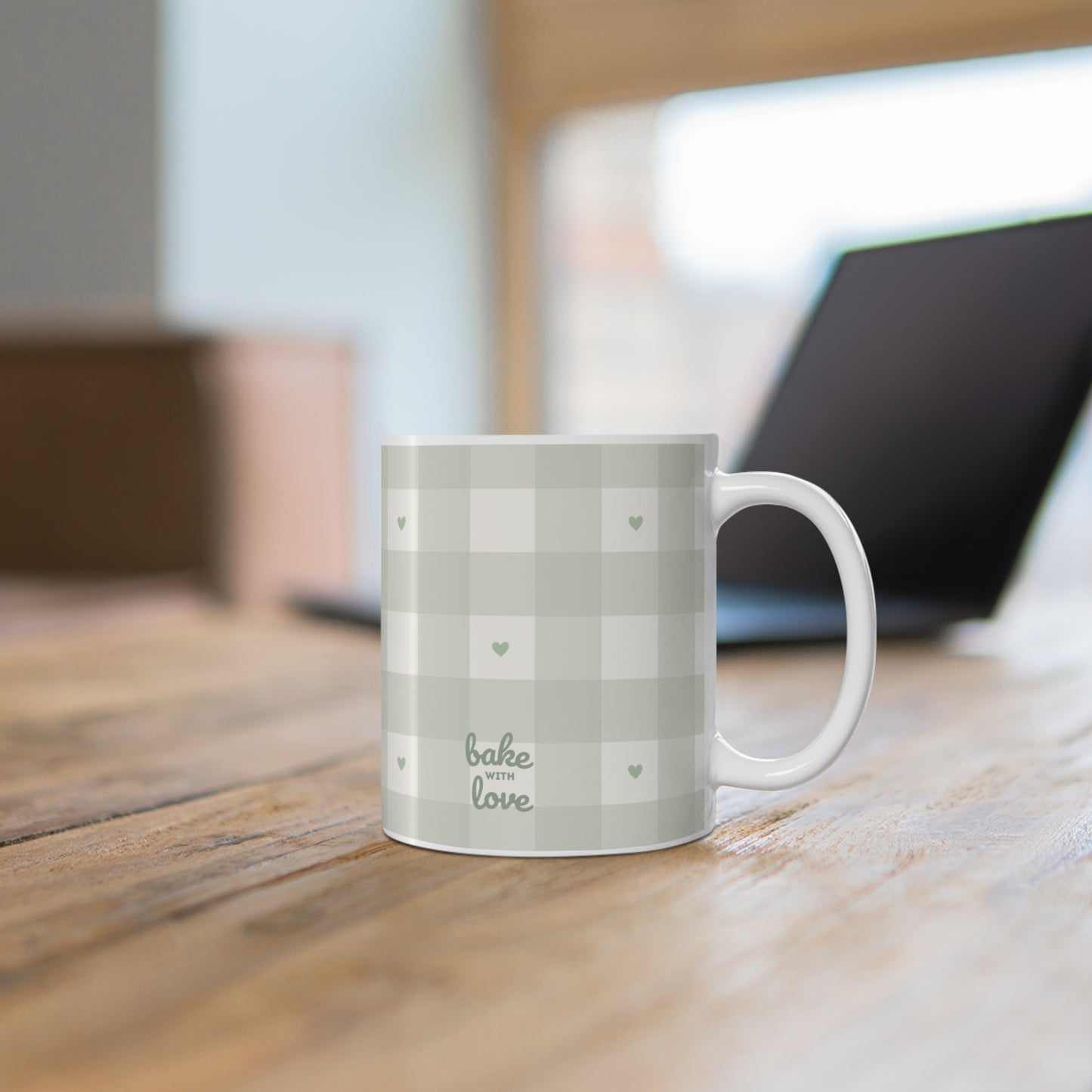 Plaid Mug with Tiny Hearts — Sage Green 11oz Coffee Cup