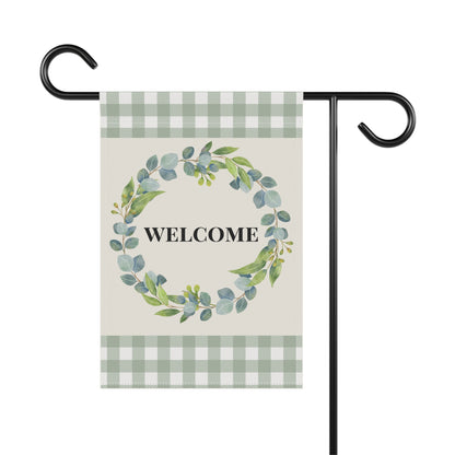 Welcome Wreath Garden Flag — Green Gingham Outdoor Welcome Banner